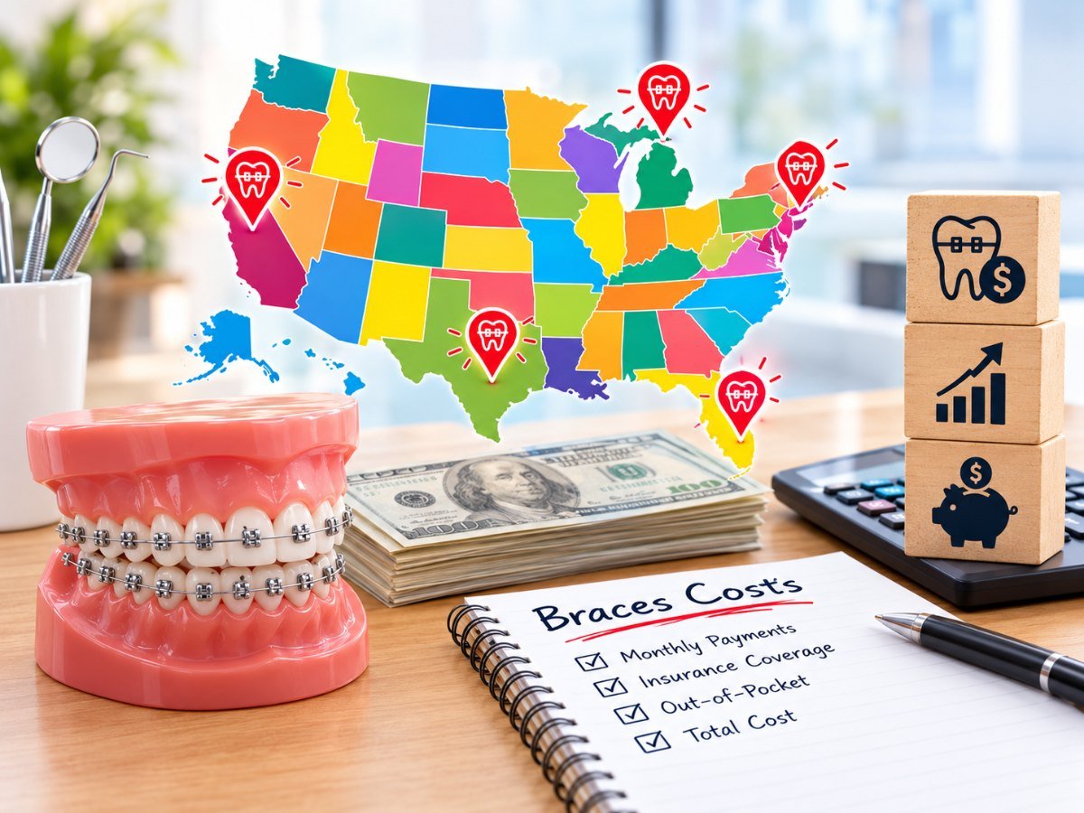 A braces model beside a map of the United States and a notepad headed Braces Costs