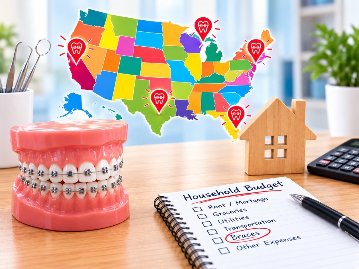 A braces model beside a map of the United States and a household budget with braces circled